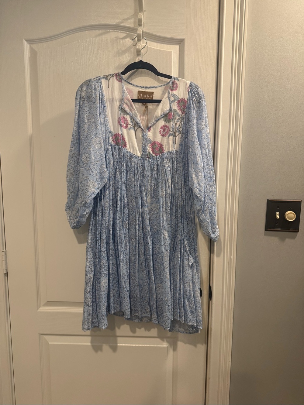 Clara The Labe Light Blue Floral-Print Casual Women's Dress with Pink Embroidery
